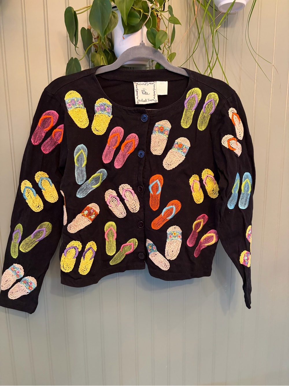 RARE Vintage Michael Simon Lite Embroidered Flip Flop Cardigan - Size Small